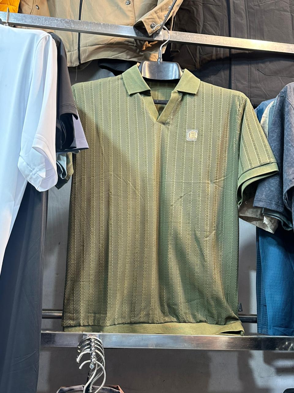 Men’s Retro Vertical Striped Knit Polo – Olive Green